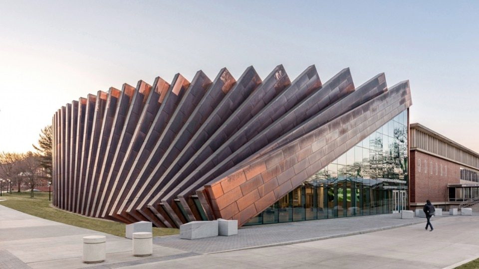 University of Massachusetts Amherst A circular extension made of copper and glass establishes a dialogue with the surrounding commercial buildings